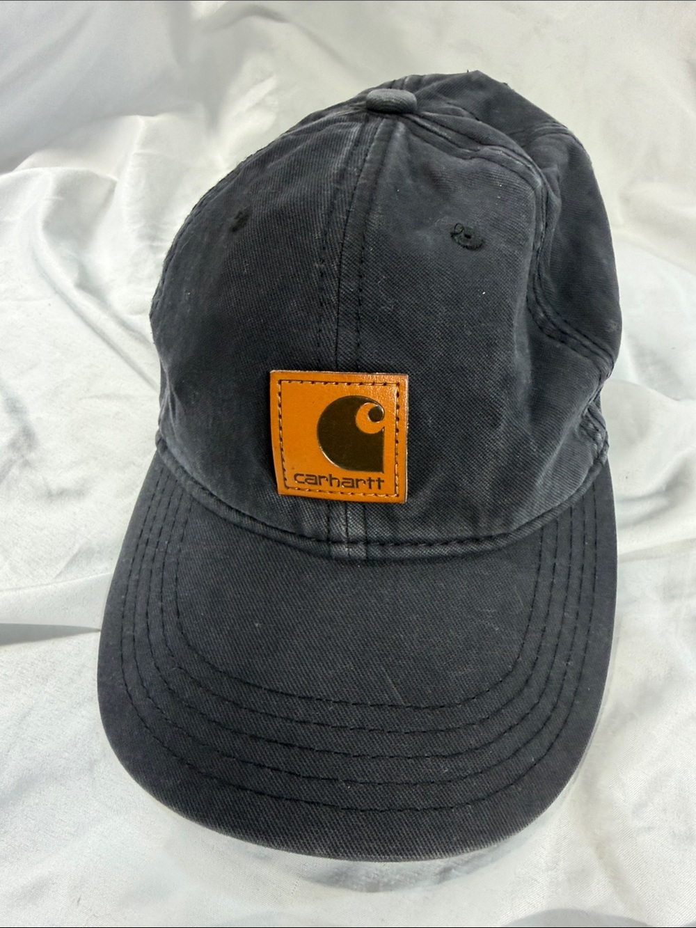 Carhartt  Black Cap with Tan Leather Logo Patch  Hat Baseball Trucker hat